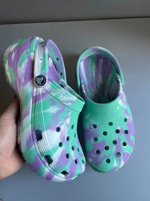 womens Crocs Classic Platform marbled green purple clogs W7 uk 5 eur 38 - Image 1 of 4
