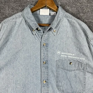 VINTAGE 90s Motorola Employee Shirt Herren XL Denim Chambray Tech Promo Handy - Bild 1 von 16