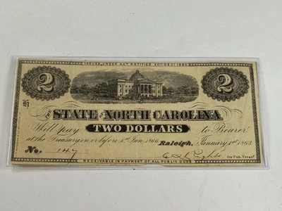 Civil War Confederate States $2 Dollar Bill Raleigh, North Carolina 1863 CSA - Image 1 of 4