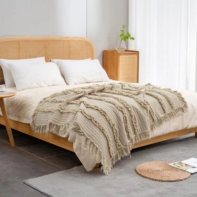 Mantas para cama ultra suaves prelavadas acolchadas boho beige tamaño king, volantes F... Foto 1 de 4