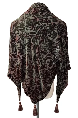 Mantón envolvente de terciopelo Burnout triángulo marrón verde borlas de doble capa noche Foto 1 de 4