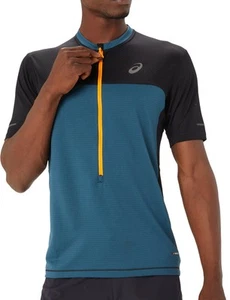 Asics FujiTrail Mens Running Top Blue Short Sleeve Half Zip Lightweight T-Shirt - Picture 1 of 6