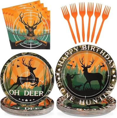 96 peças de utensílios de mesa para decoração de festa camuflada de caça - Oh cervo caça festa de aniversário - Imagem 1 de 4