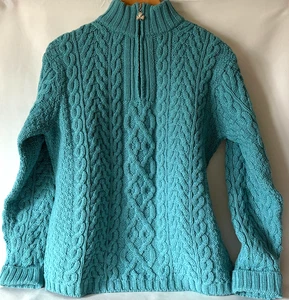 Maglione donna Aran Crafts Ireland turchese lana teal quarto zip maglia taglia M - Foto 1 di 5