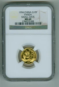 CHINA 1994 SMALL DATE 10 YUAN  1/10 oz .999 GOLD PANDA NGC MS-69 GEM BU - Picture 1 of 2