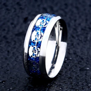 Blue Sequins & Skull Inlaid Ring Stainless Steel Men's Wedding Band Biker Rings - Picture 1 of 2