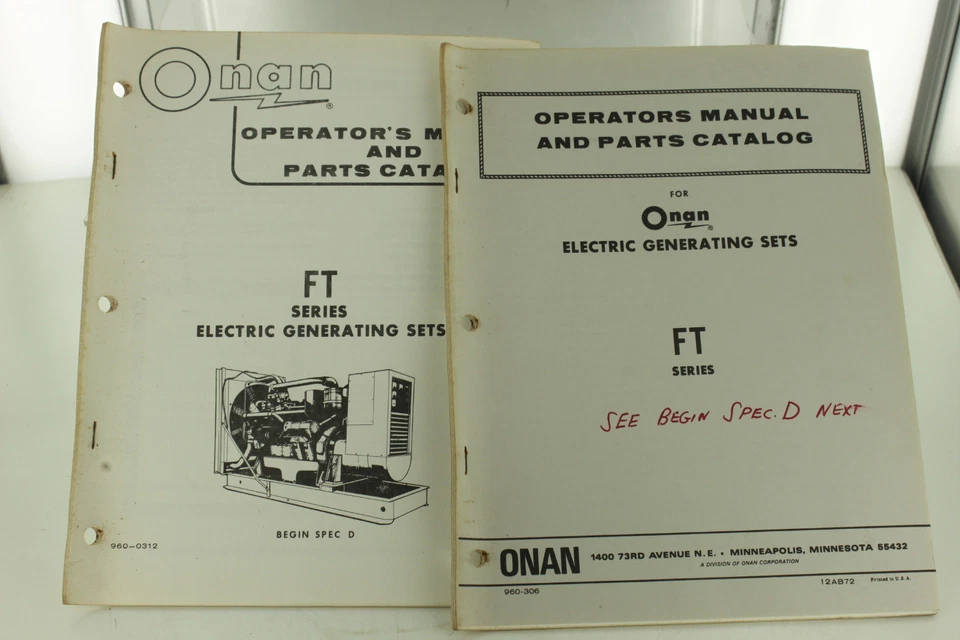 Vintage ONAN FT Series Generator Operators Manual & Parts Catalog - Image 1 of 1