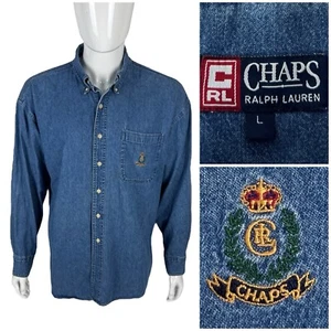 Chaps Ralph Lauren Mens Large Shirt Denim Vintage 100% Cotton Crown Logo Blue - Picture 1 of 11