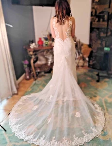 Galina Signature Illusion Lace Plunge Bodice Size 10 Ivy/Champaign Wedding Dress - Picture 1 of 19