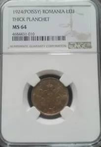 1924 ROMANIA 1 LEU (POISSY) MS-64 NGC THICK PLANCHET - Picture 1 of 2