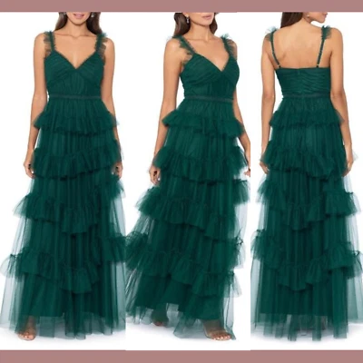 NEW $299 BETSY & ADAM [ 6 ] Tiered Ruffle Tulle Gown In Hunter Green S1444 - Image 1 of 4