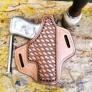 OWB Basket Weave Hand Tooled Tan Western Gun Holster for Glock Models - Picture 1 of 4