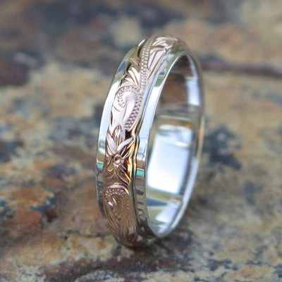Hawaiian Thick Silver Pink Rose Gold Scroll Wedding Double Ring Band 6mm SR3356 - Image 1 of 3