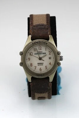 Timex Donna Orologio Oro Plastica Pelle Tela Marrone Batt 50m Data Beige Quarzo - Immagine 1 di 4