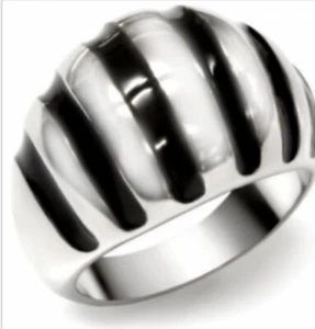 Stainless Steel Stripes Cocktail Ring Size 8 9 10 Silver Black Enamel Dome - Picture 1 of 9