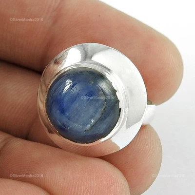 925 Solid Silver Round Kyanite Stone Unique Cocktail Statement Wife Ring US 5.5 - Image 1 of 4