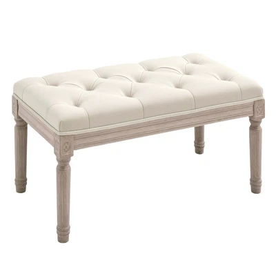 HOMCOM Cream Tufted Foot Stool Linen-Touch Ottoman Bench, Refurbished - Image 1 of 4