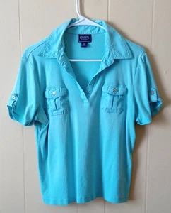 CHAPS Classics Womens XL Aqua Blue Collared Short Sleeve Cotton Top - Picture 1 of 8
