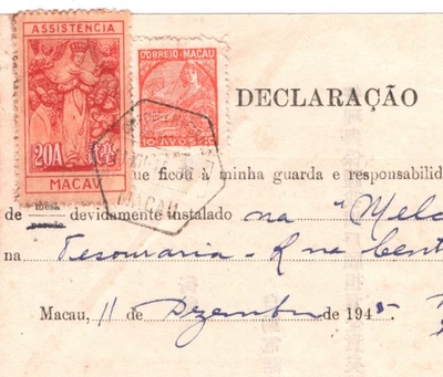 MACAU Document 20a Revenue 10a Postage Telephone 1945 CHINA/PORTUGAL Cols KA28 - Image 1 of 4