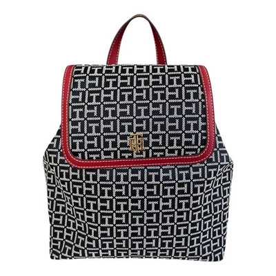 Mochila para mujer Tommy Hilfiger azul marino - estampado de logotipo con ribete rojo - herrajes dorados Foto 1 de 4
