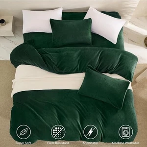 NEW Emerald Green Queen Size Velvet Duvet Cover Set Soft Bedding 3-Piece - Picture 1 of 2