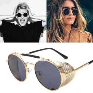 Gafas de sol redondas steampunk vintage retro gótico escudo lateral marco de metal gafas - Imagen 1 de 14
