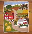 Vintage Kitsch Hand Stitched Wool Crewel Embroidered Farm Barn Countryside Scene