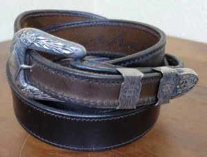 CHACON STERLINGSILBER GÜRTELSCHNALLE 2 HALTER & LASCHE AUF SCHWARZEM BISONLEDER GR. 38 - Bild 1 von 13