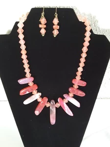 Original Design Rose Quartz and Pink Agate Necklace 18" with Matching Earrings - Picture 1 of 3