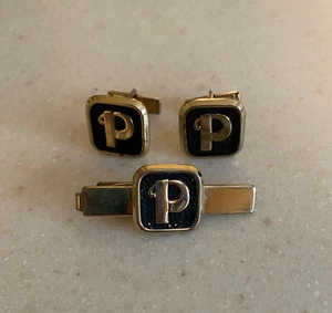 Vintage MCM Old English Monogram "P" Cufflinks & Tie Bar Clip Set Black & Gold - Picture 1 of 3