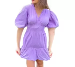 Japna Purple Puff Sleeve Dress Women’s Large Short Boho Chic Lilac V Neck - Picture 1 of 3