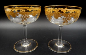 2 ANTIQUE BOHEMIAN JOSEPHINENHUTTE GOLD ENCRUSTED CRYSTAL CHAMPAGNE GLASSES - Picture 1 of 18