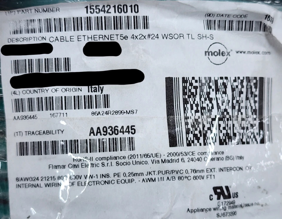 Cabo Ethernet industrial Flamar Molex 1554216010 24/4P Cat5E SF/UTP azul-petróleo/25 pés - Imagem 1 de 4