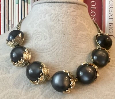 Collar Gargantilla Vintage Tono Plata Negro Luna Brillo Lucita Perlas Foto 1 de 4