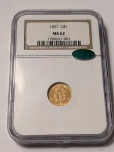 1857 G$1 - NGC MS62 CAC! - Nice Original Coin! - Older NGC Holder!- Ships Free! - Picture 1 of 3