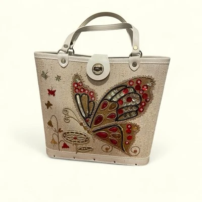 Vintage 50's Fabric And Wood Bag With Beaded Butterfly 11x12x4” Red Yellow - Image 1 of 4