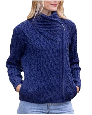 ARAN CRAFTS 侧拉链电缆针织开衫-海军美利奴羊毛-Sz S-爱尔兰制造 — 第 1/4 张图片