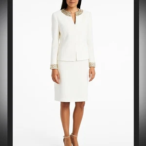 Tahari Perlen und Gold Perlen Elfenbein Rock Anzug Neu mit Etikett 14P - Bild 1 von 12