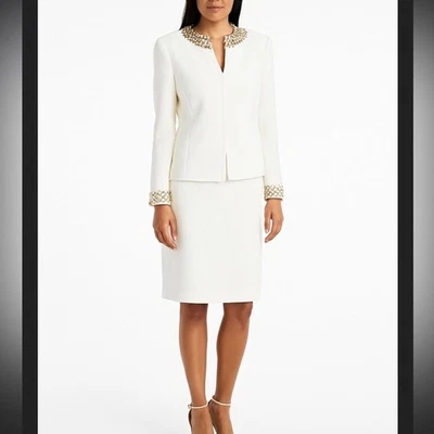 Tahari Pearl and Gold Beaded Ivory Skirt Suit NWT 14P Festive Party - Image 1 of 4