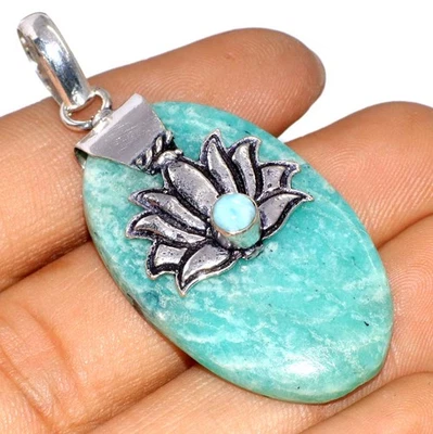 Colgante Cap Amazonita Larimar Chapado en Plata 925 2.1" Increíble Regalo GW Foto 1 de 3