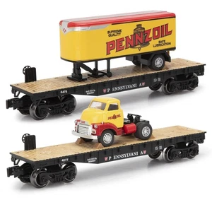 2-Piece 10-1/2" O Gauge PENNSYLVANIA Flatcars w/ Pennzoil Tractor & Trailer Set - Picture 1 of 7