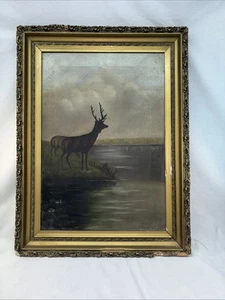 Late 1800’s Oil Canvas painting Stag Elk W doe At Waters Edge - Picture 1 of 14