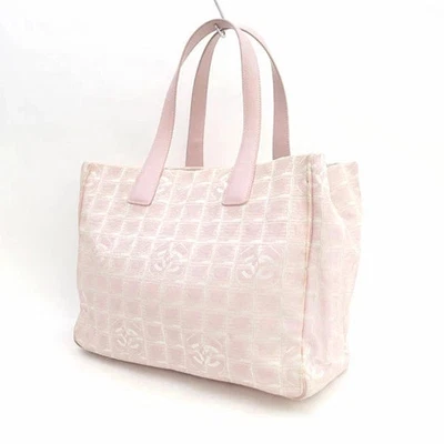 AUTHENTIC CHANEL TRAVEL LIGNE LIGHT PINK BARBIECORE JACQUARD NYLON+ LEATHER TOTE - Image 1 of 4