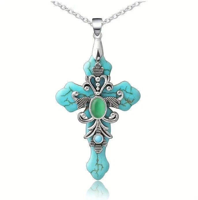 Colar pingente cruz indígena nativo com turquesa reconstruída e corrente 23" - Imagem 1 de 4