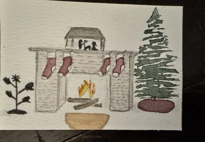 Acuarela ACEO "Bebé, es cálido por dentro" de DBossert cuenta con chimenea/vacaciones Foto 1 de 3