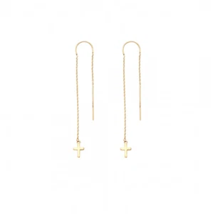 14K Yellow Gold Cross Dangle Earrings - Plain Latin Crucifix Hanging Drop Women - Picture 1 of 1