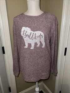 Boxercraft Top Small Women Maroon White Knit Sweatshirt Bulldog Long Sleeve - Picture 1 of 7