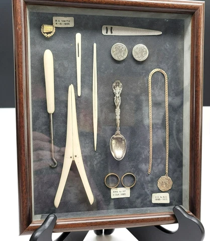 Antique Silver Gold and Tools Collection Mounted Framed Ring Pin Spoon CT1 Cover