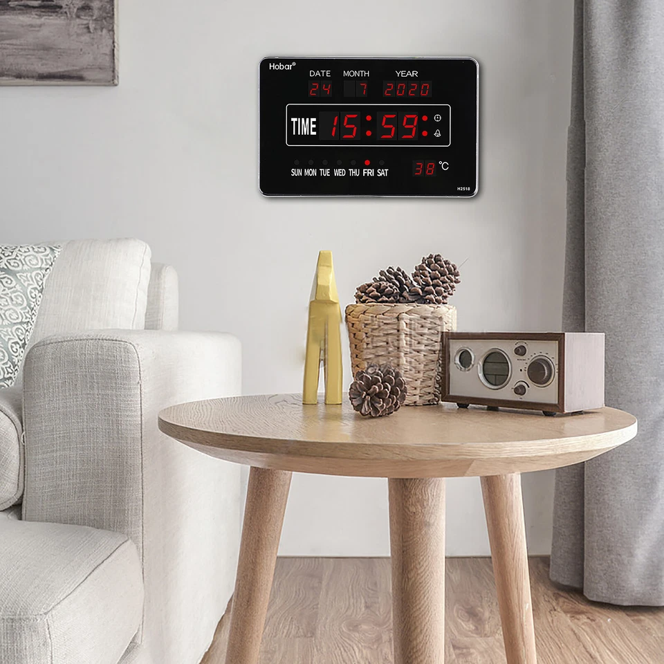 Digital Clock LED Digital with Wall Clock Date Calendar Temperature Display Black 220V - Image 1 of 4