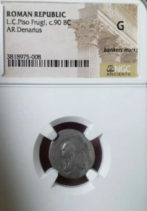L.C. Piso Frugi, c.90 BC AR Denarius . Roman Republic.  NGC G - Picture 1 of 2